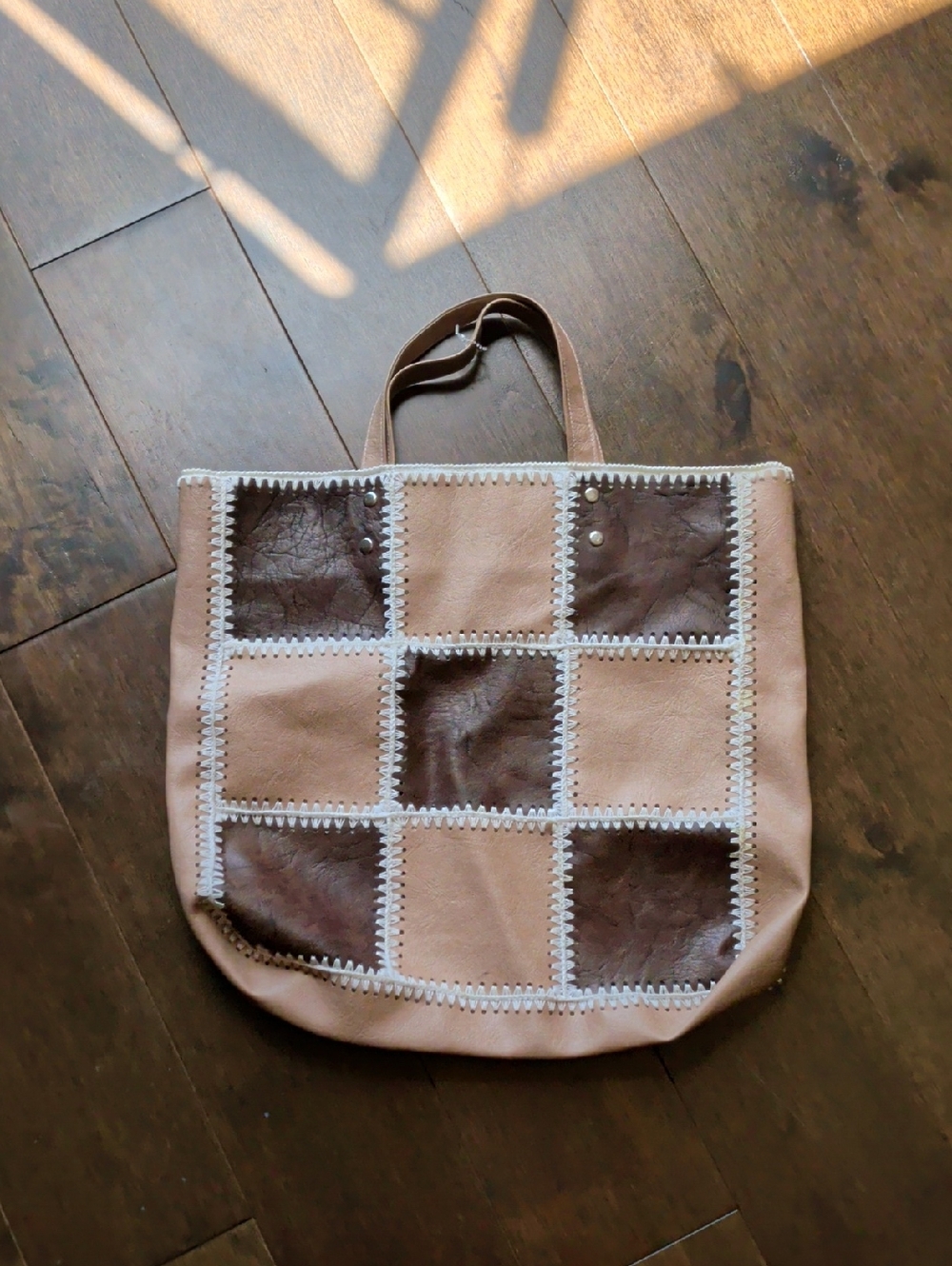Patchwork Leather Tote Bag in Tan and Dark Brown